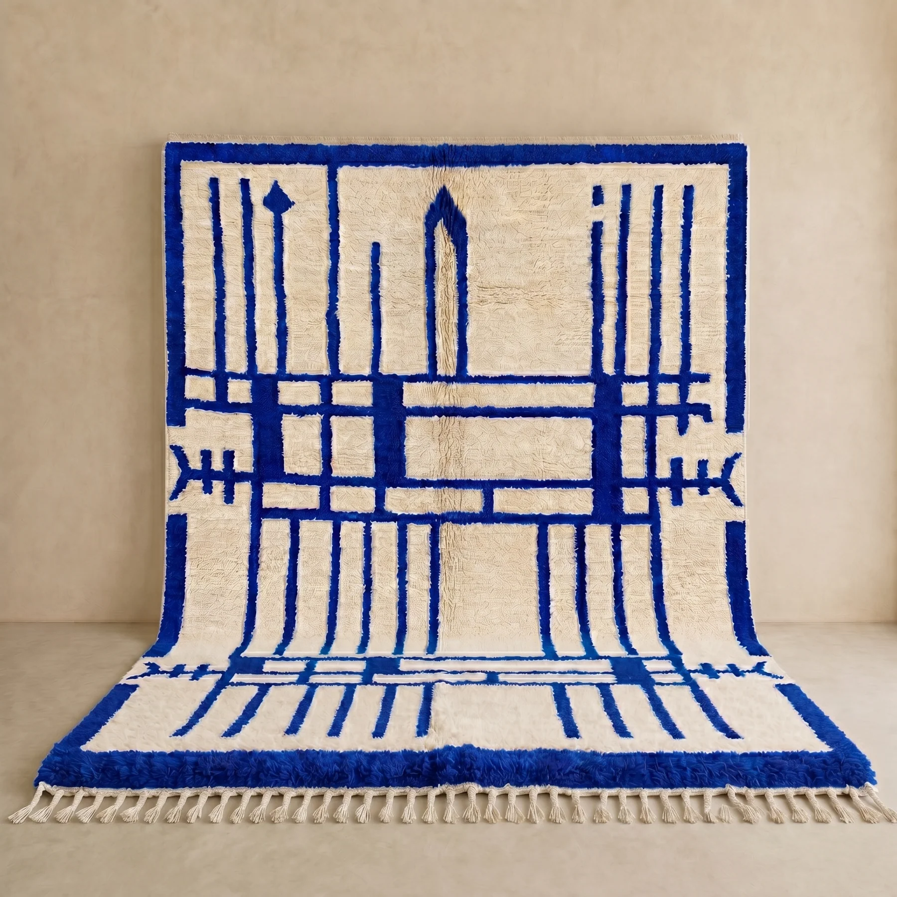 Blue geometric Moroccan wool rug with bold Berber line design