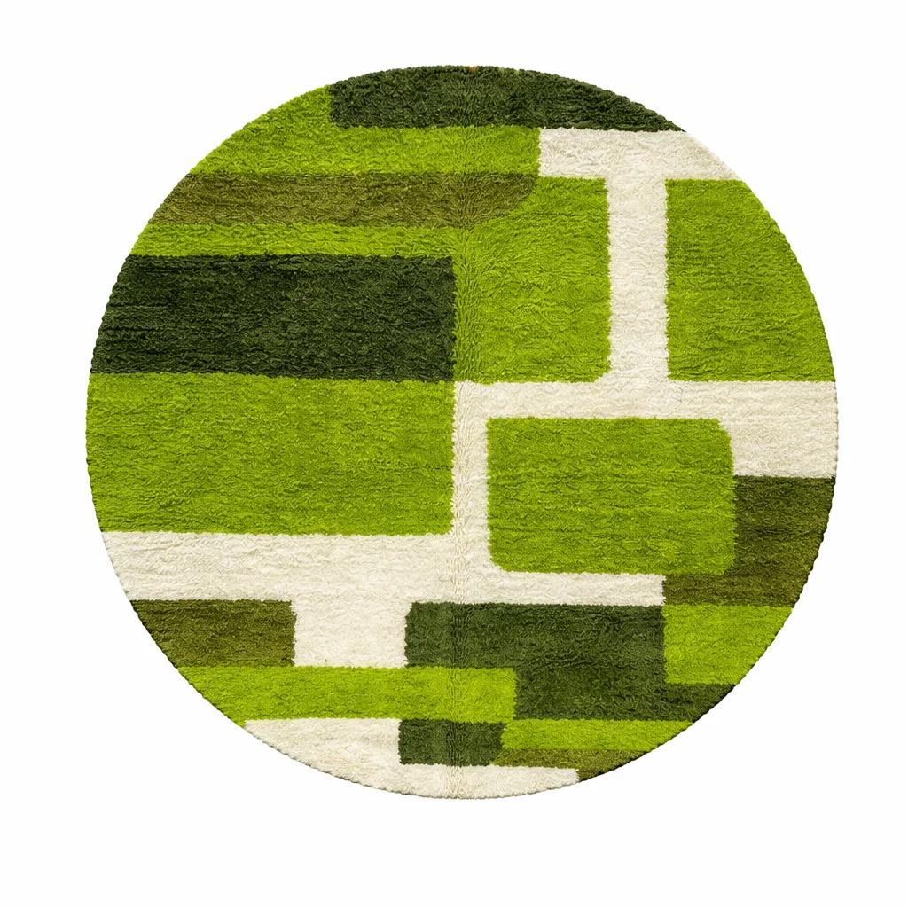 Round green Moroccan wool rug with abstract geometric pattern