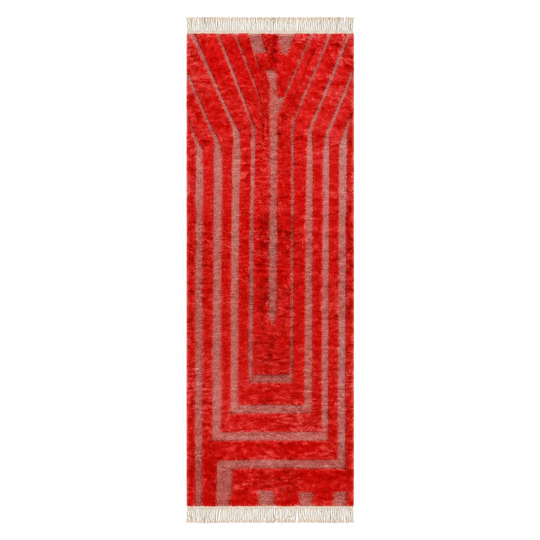 Red Moroccan runner rug with geometric Berber pattern