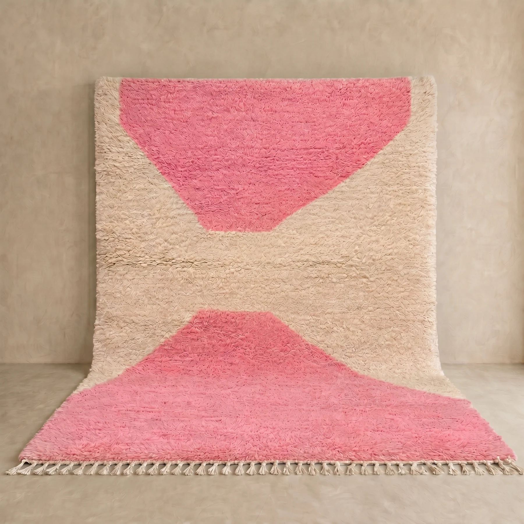Blush pink and cream Moroccan wool rug with modern abstract design