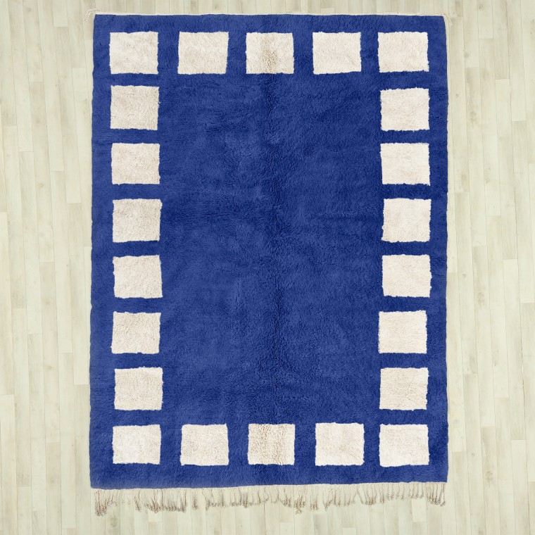 Dark Blue Poly Block Rug 2190, Blue Checkered Moroccan Rug