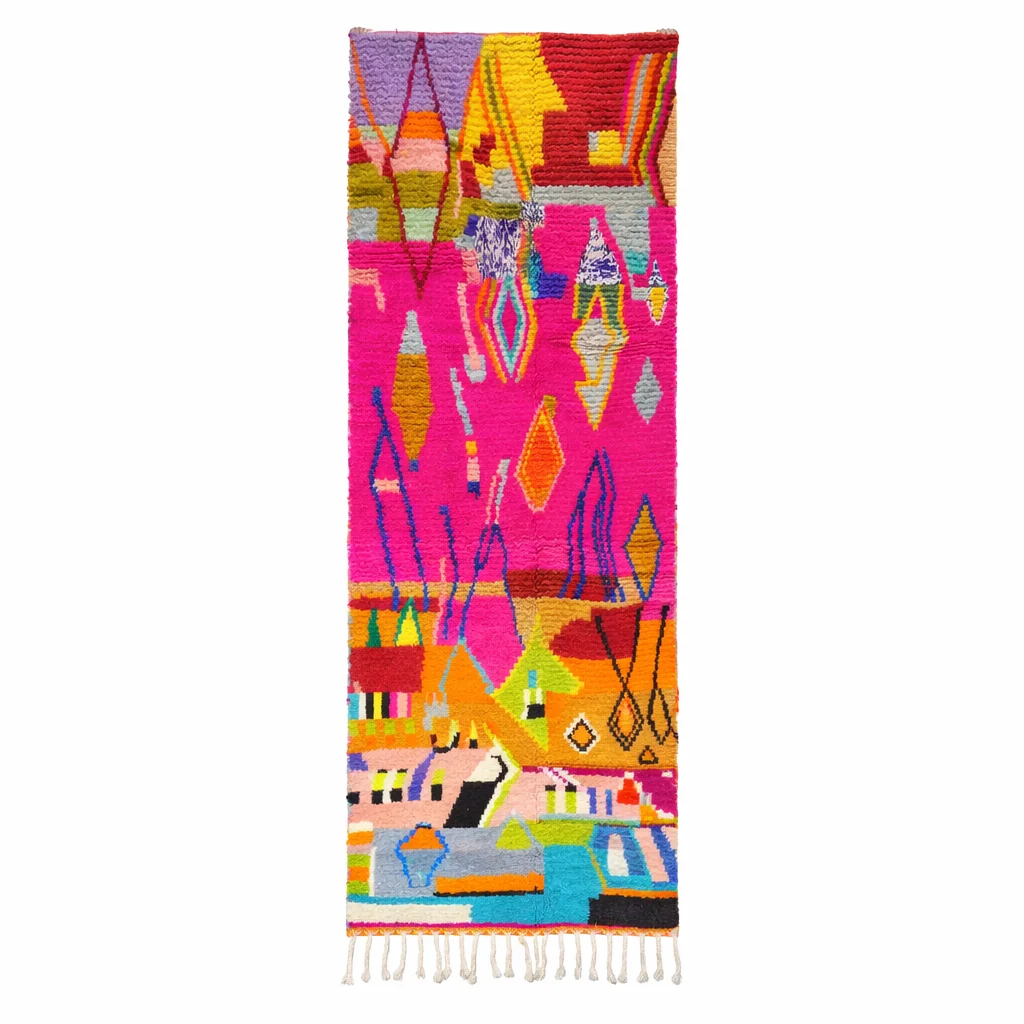 Colorful Moroccan runner rug with abstract geometric design